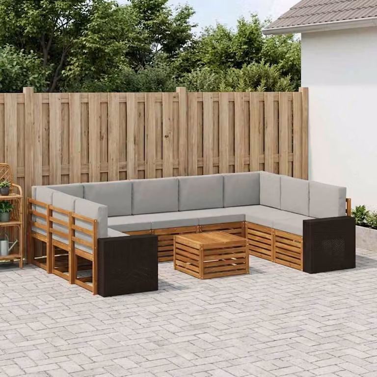 Set di divani da esterno vidaXL 10 pezzi in legno di acacia con cuscini, forma a L e tavolino da caffè, beige e grigio