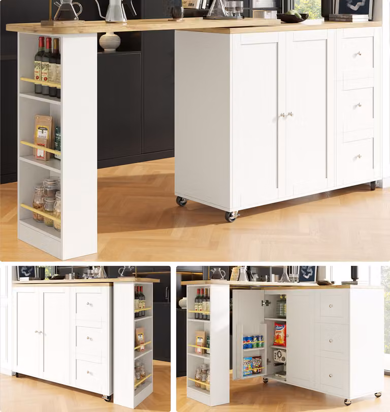 Flieks tavolo da pranzo tavolo da cucina girevole a 360°, tavolo da bar carrello da pranzo carrello da cucina ad isola con cassettiera, tavolo rettangolare, carrello di servizio 138/209x39cm, bianco