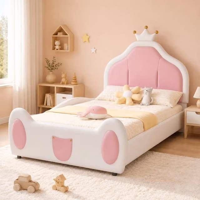 Letto imbottito per bambini WISHDOR con testiera a corona, design bicolore bianco e rosa, L/P/H: 90 x 200 x 117 cm