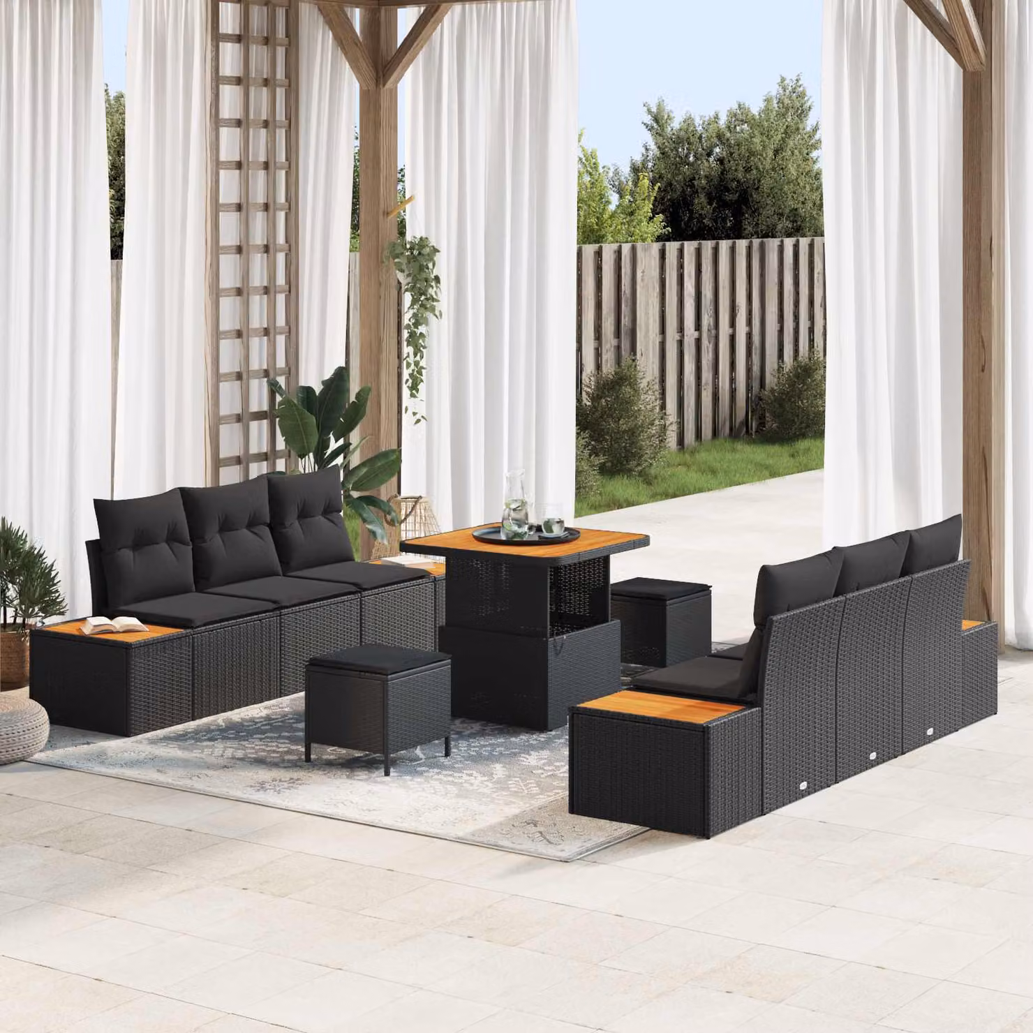 Set Divano da Giardino vidaXL 9 Pezzi con Cuscini e Tavolino Nero – 1