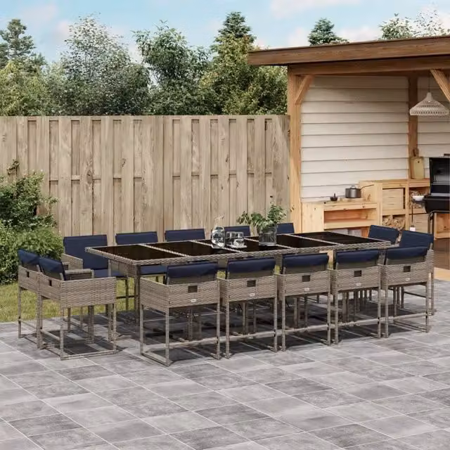 Set da pranzo da giardino vidaXL in polyrattan grigio con cuscini blu e tavolo in vetro per 15 persone