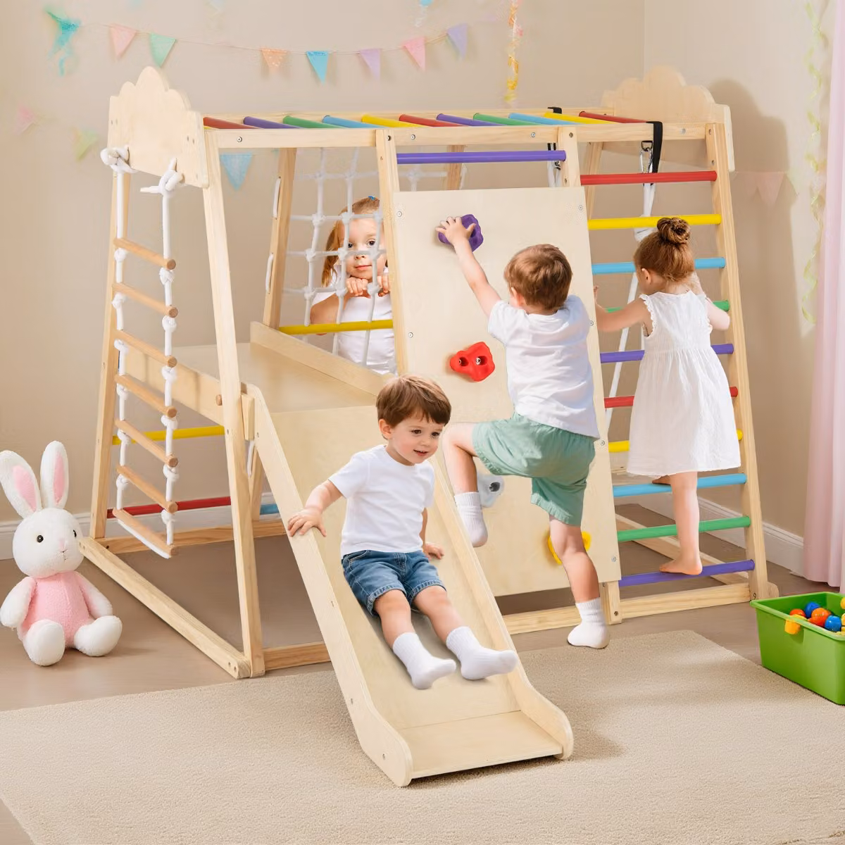Costway Palestra da interno 8-in-1 in legno con scivolo rimovibile per bambini dai 3 anni in su, Multicolore