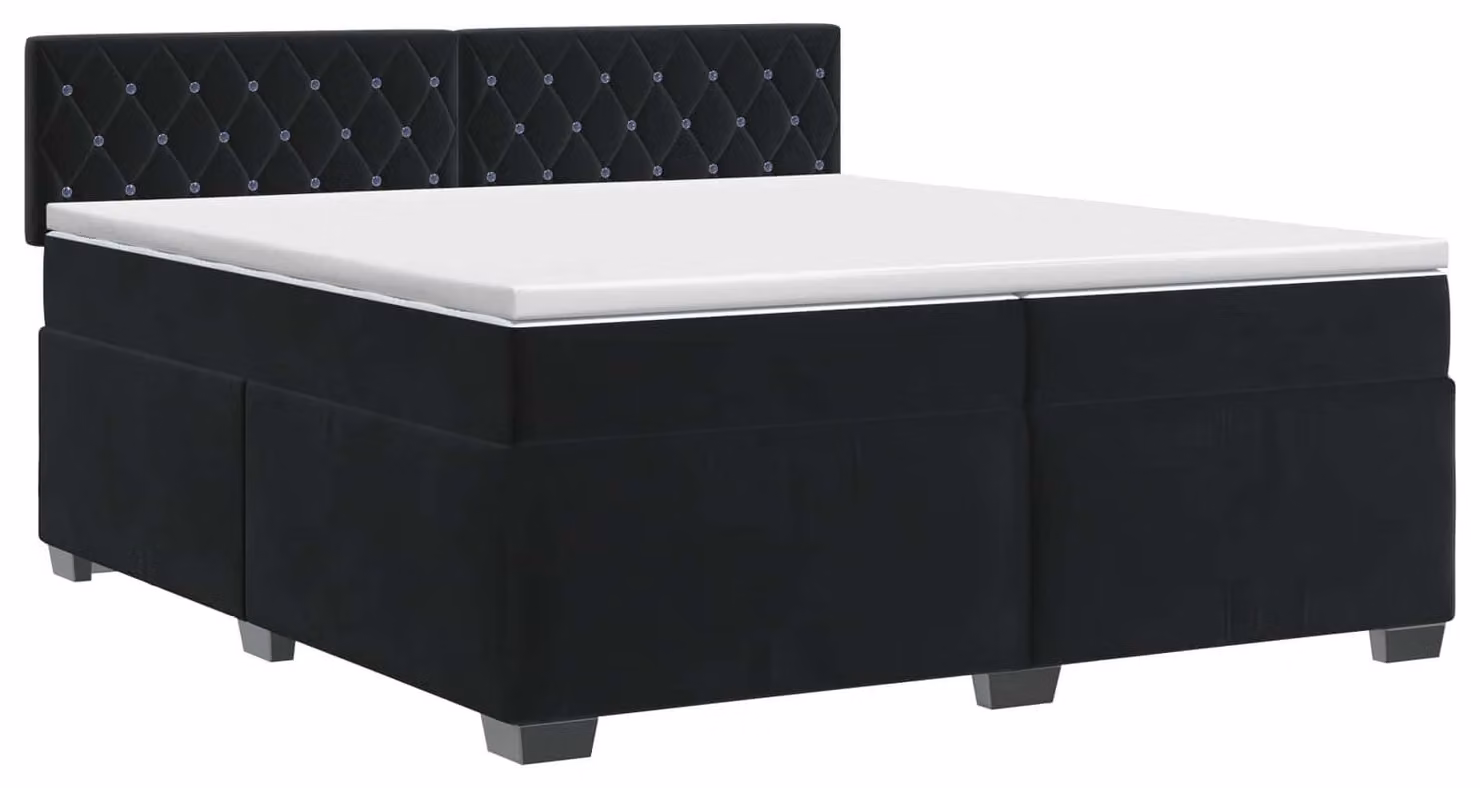 Letto con rete a molle e materasso, colore nero, dimensioni 200 x 200 cm, rivestito in velluto