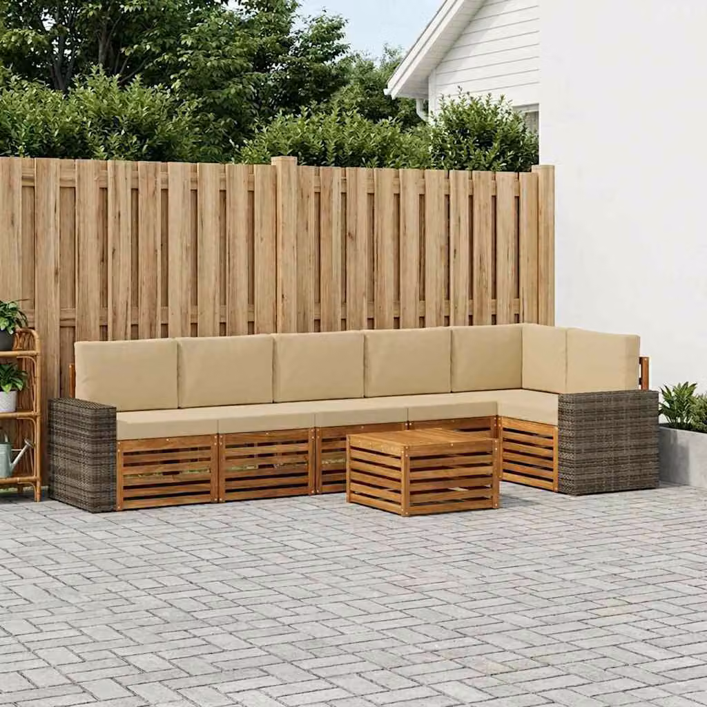 Set di divani da esterno vidaXL 7 pezzi in legno di acacia con tavolo da caffè e cuscini, beige e marrone