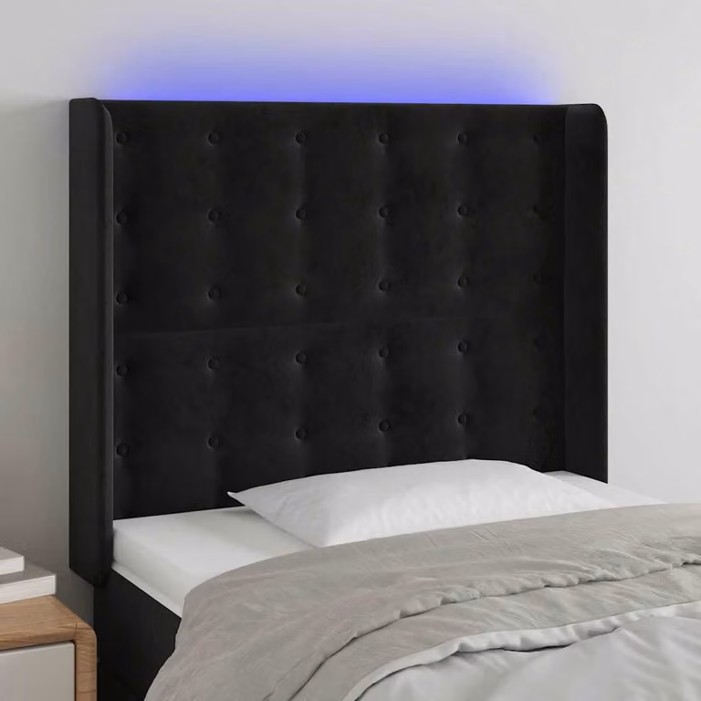 Testiera per letto vidaXL in velluto nero con illuminazione LED e porta USB, L 93 cm, P 16 cm, H 118-128 cm