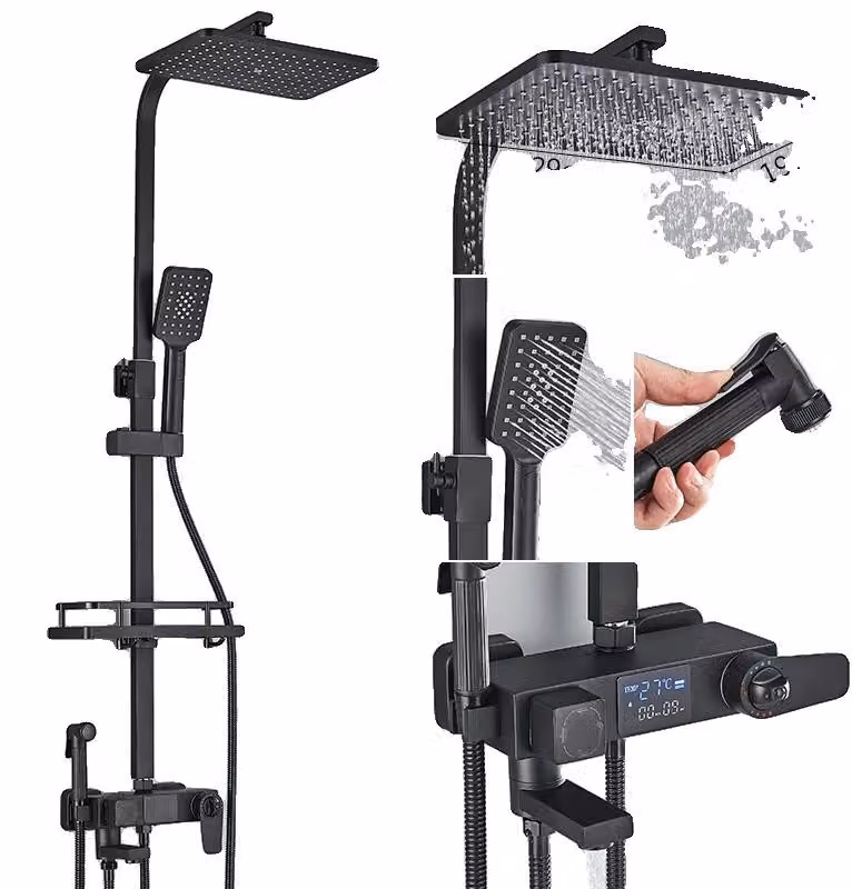Miscelatore per doccia, display digitale, controllo termostatico, finitura nera