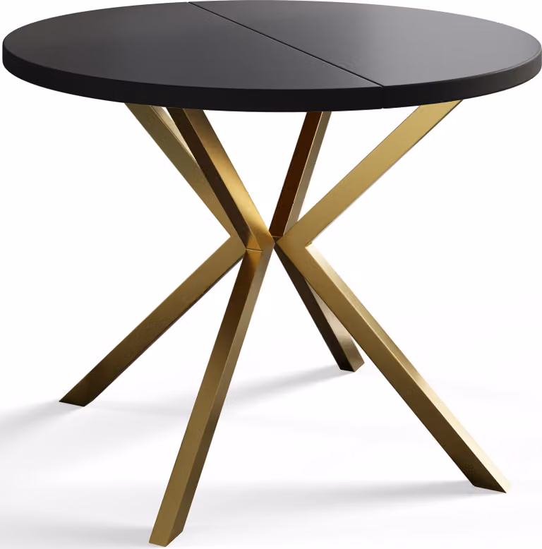 Tavolo rotondo per sala da pranzo LOFT LITE, diametro tavolo allungabile: 100 cm/180 cm, colore tavolo da soggiorno: nero, con gambe in metallo color oro