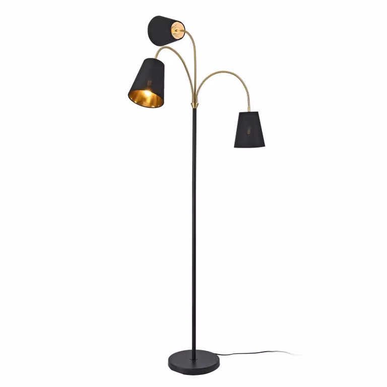 Lampada da terra "Wycombe" a 3 luci in metallo e tessuto nero/dorato