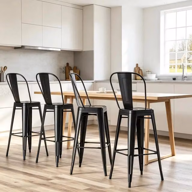 Set di 4 sgabelli bar impilabili WISHDOR in metallo nero opaco con schienale rimovibile e poggiapiedi per cucina e soggiorno
