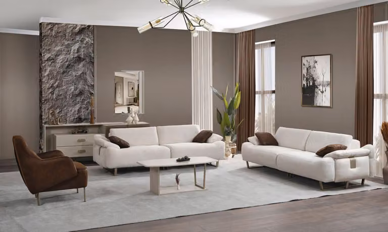 Weiße Moderne Couchgarnitur Stoffsofa Designer Sessel Polster Möbel 3tlg