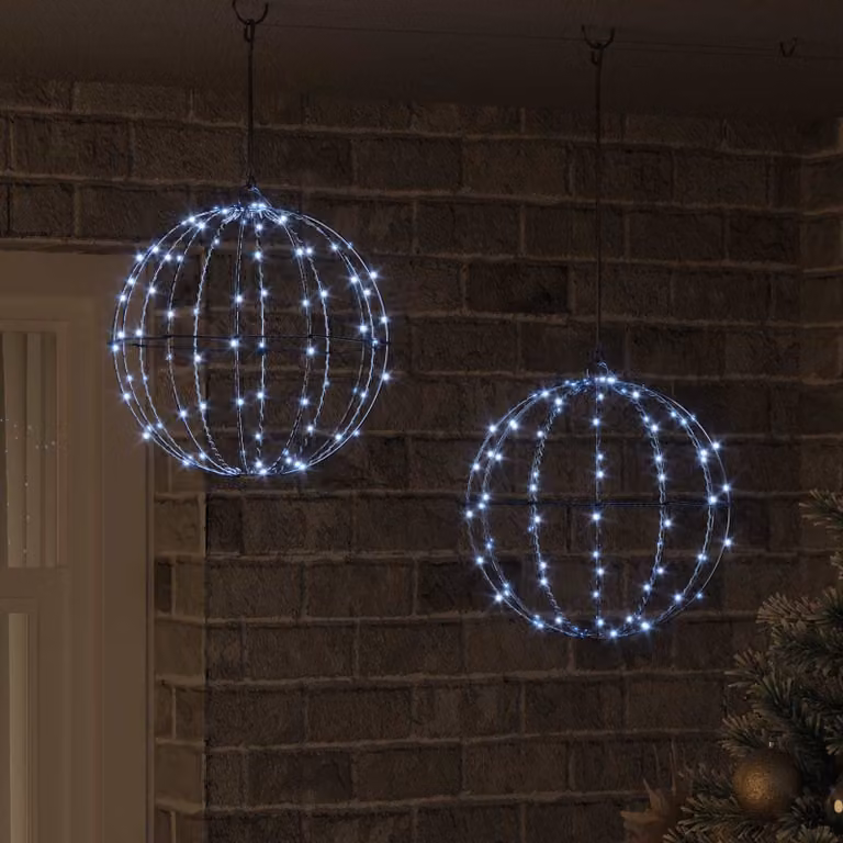 Set di 2 sfere decorative vidaXL in metallo bianco con 192 LED luce bianca fredda, L/P/H: 30 x 30 x 32 cm