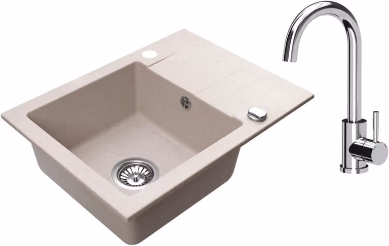 VBChome Lavello in granito 59 x 44 cm Beige con rubinetto Lavello da incasso a vasca singola Reversibile Speckled Lavello di facile manutenzione con sifone