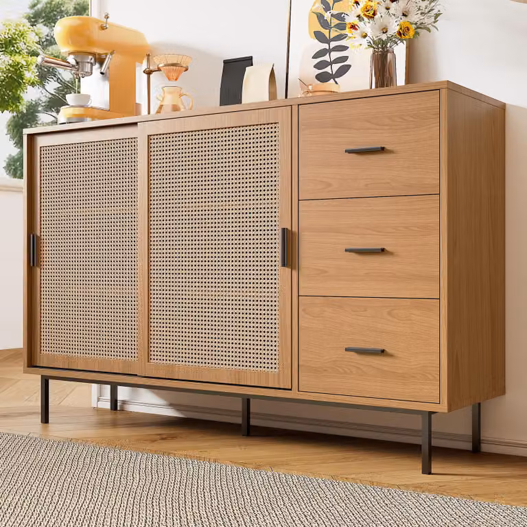 STILVORA: Mobiletto contenitore con ripiani interni regolabili, dimensioni 140 x 91 x 37 cm. Armadietto con 2 ante scorrevoli e 3 cassetti, stile rustico, colori naturali