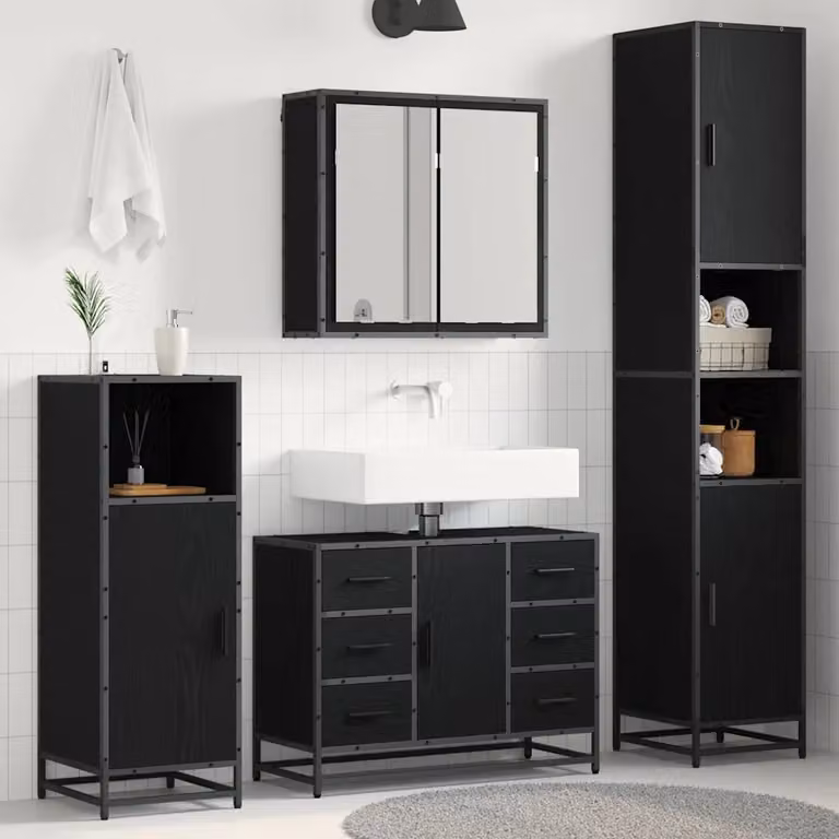Set di mobili per il bagno moderno vidaXL 4 pezzi in legno e metallo nero opaco L/P/H: 80 x 33 x 188,5 cm