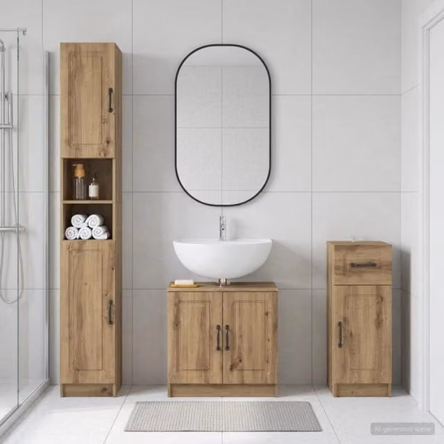 Set di 3 mobili da bagno moderni vidaXL in legno marrone con armadietto alto, mobile sottolavabo e mobile laterale a parete – 1