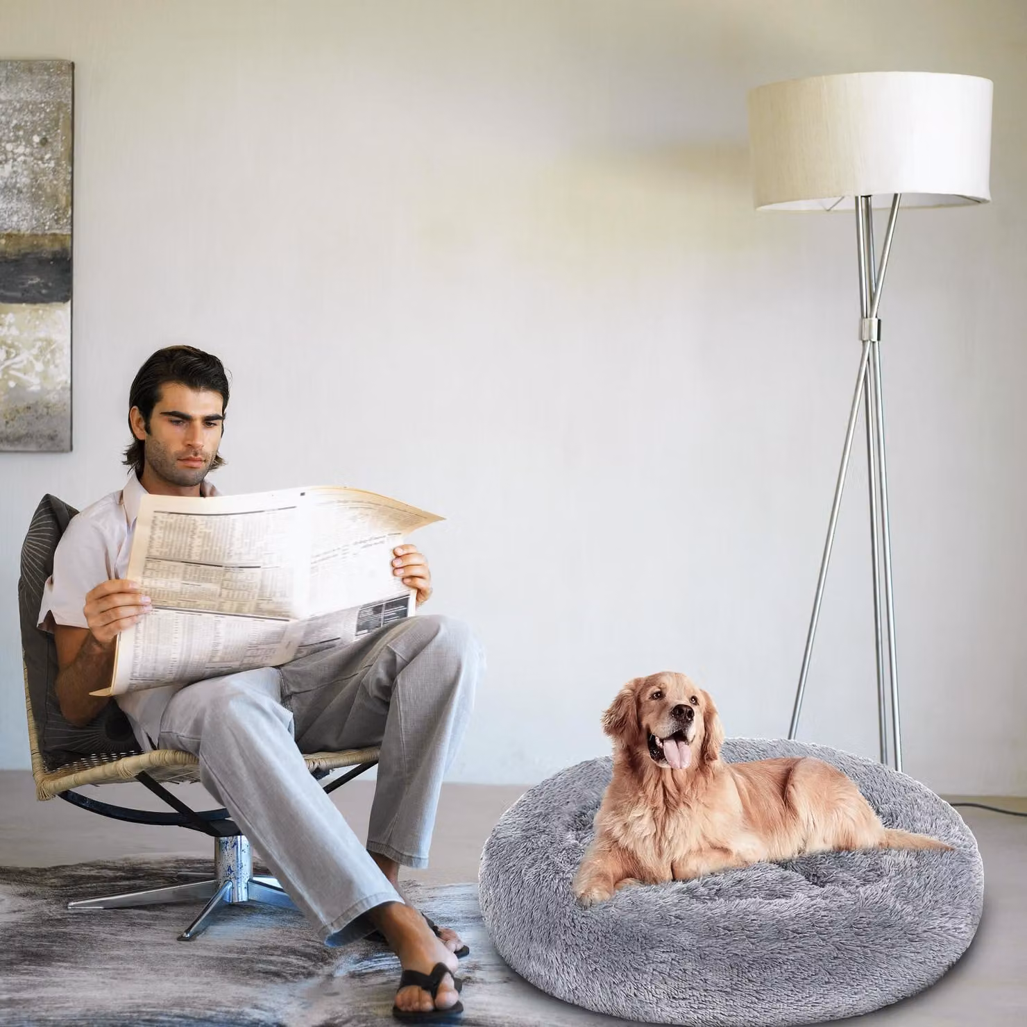 Cuccia rotonda per cani e gatti, diametro 80 cm, in peluche lungo, con fondo antiscivolo, color grigio chiaro