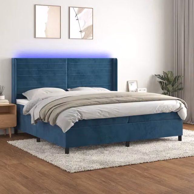 Letto Ibrido con Materasso vidaXL in Velluto Blu e Bianco con Illuminazione LED e Porte USB L/P/H: 200 x 203 x 128 cm – 1