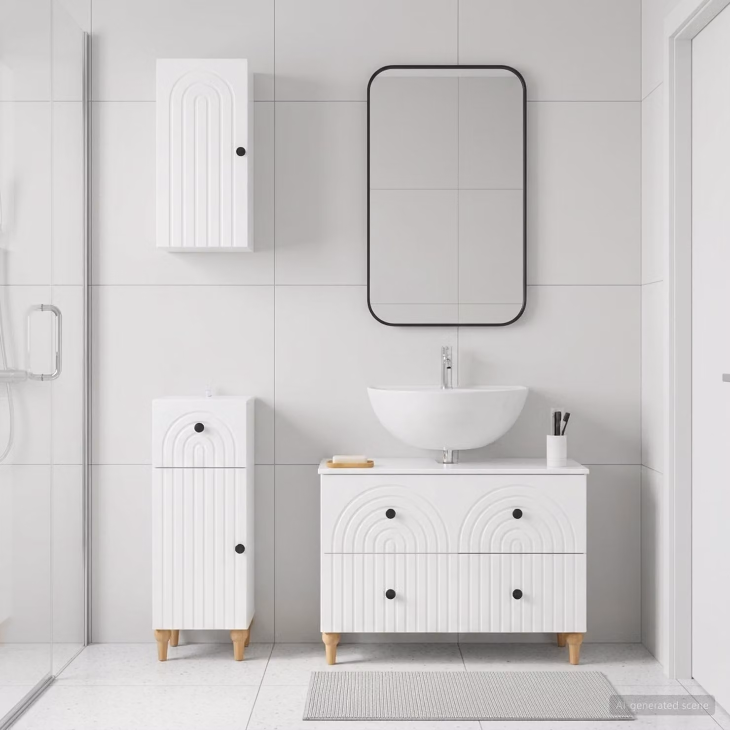 Set di armadietti da bagno vidaXL ALKMAAR in 3 pezzi, Bianco Lucido, con mobile lavabo e pensili sospesi