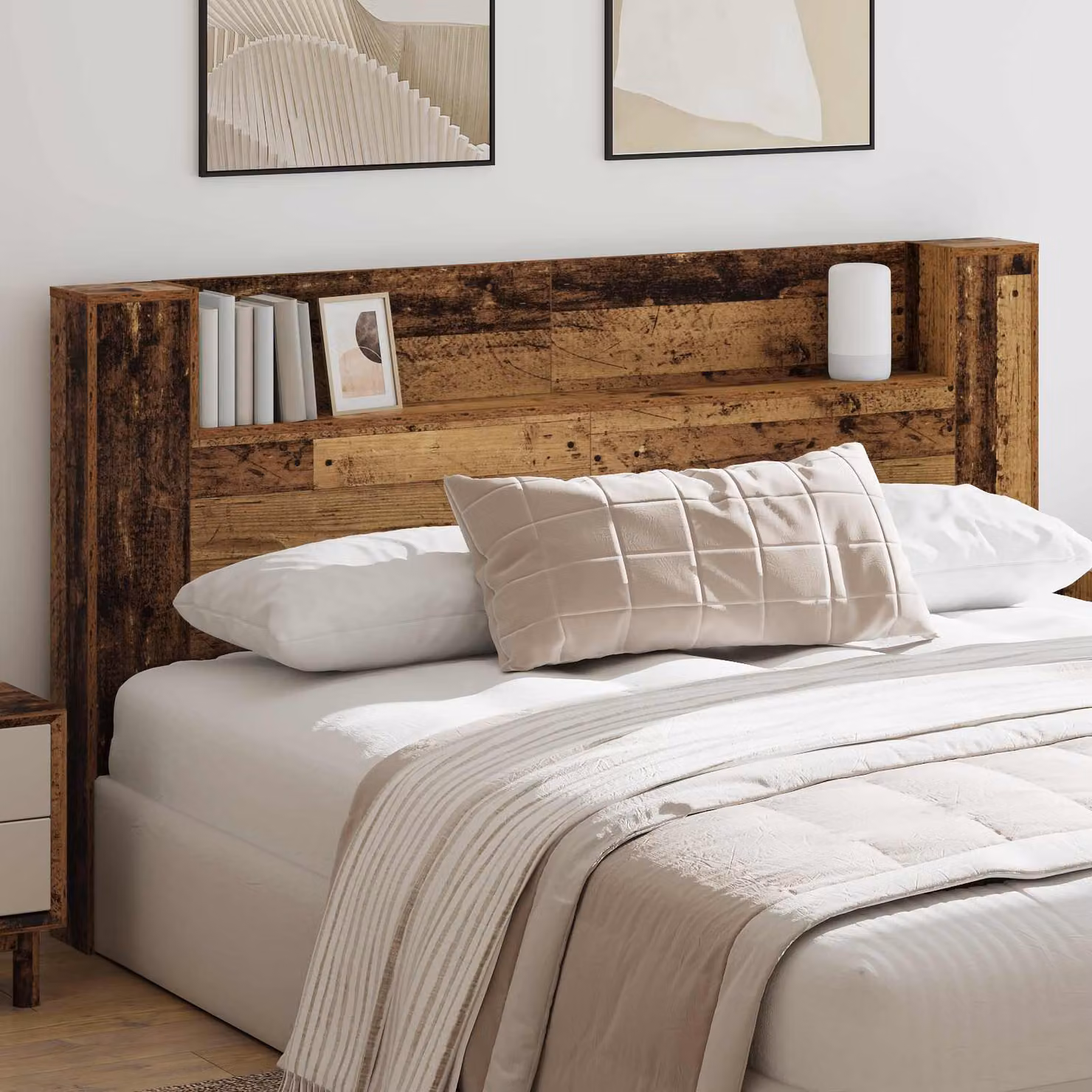 Testata del letto con mobile e illuminazione LED vidaXL in legno ingegnerizzato, colore marrone e grigio, L: 180 cm, H: 103,5 cm, P: 22,79 cm