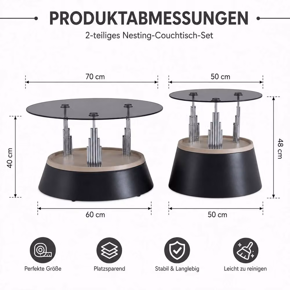 Set di 2 tavolini da caffè Minimal con piano in vetro temperato e struttura in metallo nero, design moderno e forme rotonde per soggiorno o camera da letto – 2