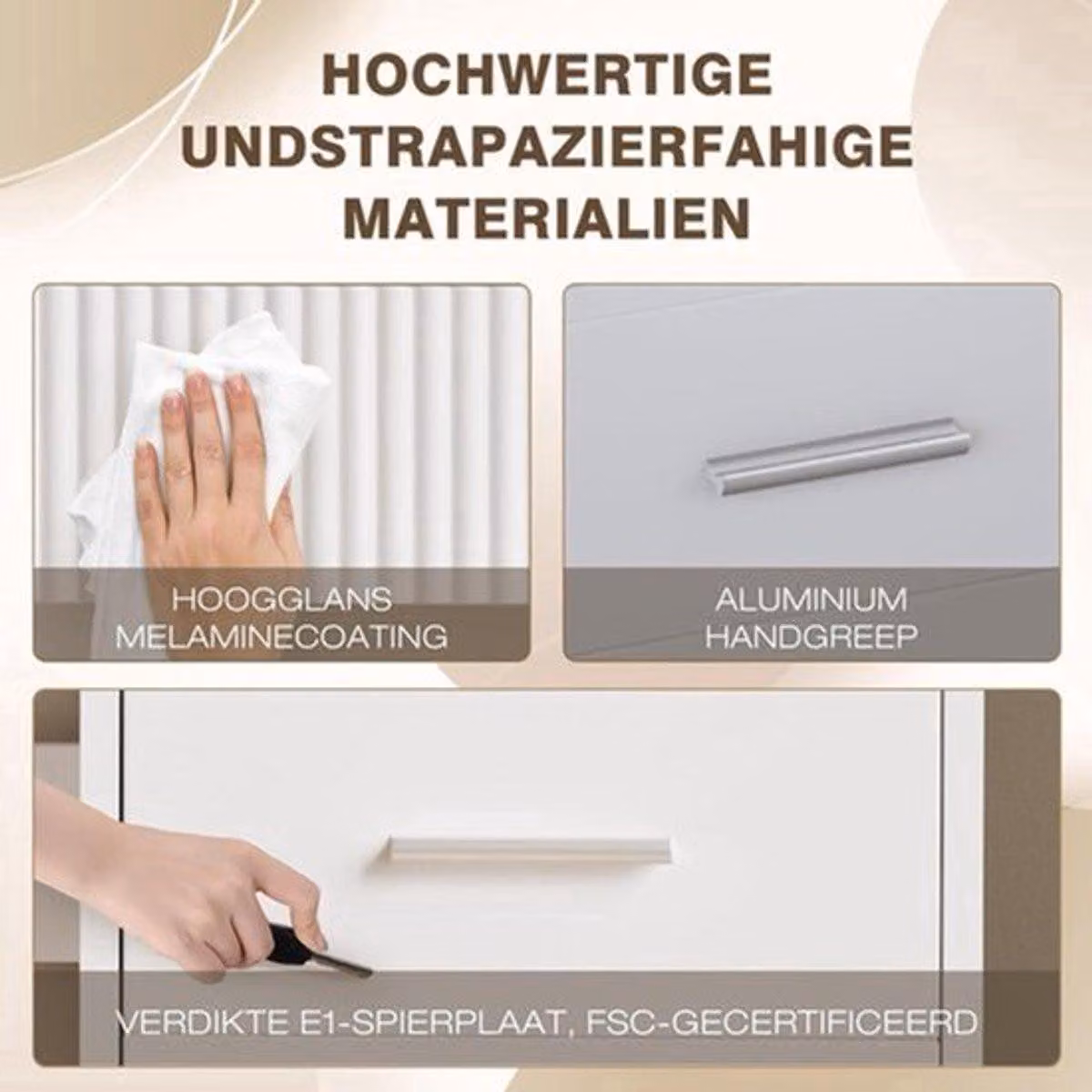 Comò con specchio a LED - 3 cassetti e vani aperti - Design moderno con motivo a onda - 96,5 x 40 x 141 cm - Bianco