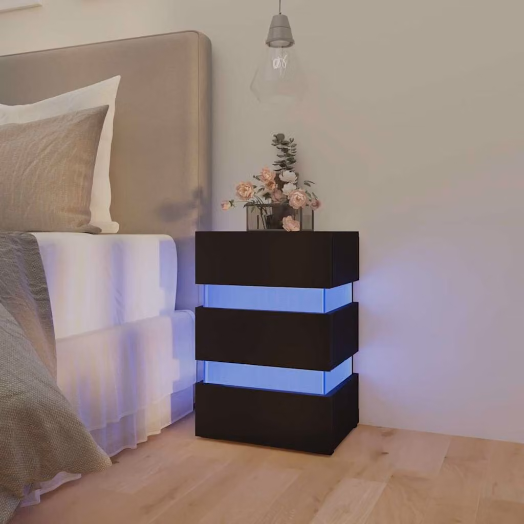 Comodino moderno vidaXL con luci LED nero in legno e MDF, da appendere a parete, L: 45 cm, P: 35 cm, H: 67 cm