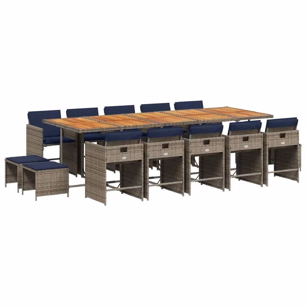 Set da pranzo da giardino vidaXL in polyrattan e legno di acacia con 15 pezzi e cuscini grigi – 2