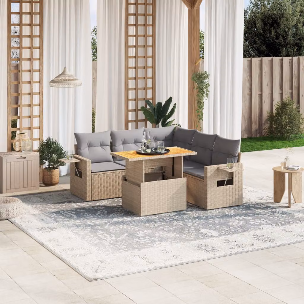 vidaXL Set Divano da Giardino a L in Polyrattan con Cuscini Beige e Grigio, 6 Pezzi con Tavolino – 1