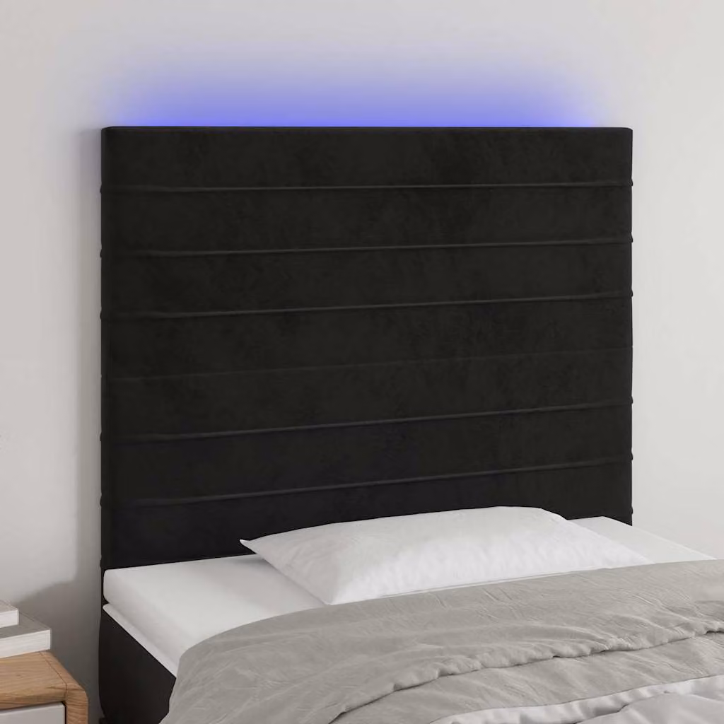 Testiera per letto vidaXL in velluto nero con illuminazione LED e porta di ricarica USB, L 90 cm, P 5 cm, H 118-128 cm
