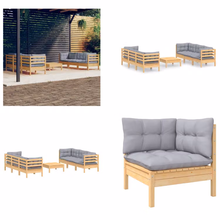 vidaXL set da salotto da giardino 7 pezzi con cuscini grigi in legno di pino - set da salotto da giardino - set da salotto da giardino - set da salotto