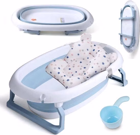 Bagnetto pieghevole per bambini con indicatore di temperatura e tappo di scarico, colore blu, L: 80 cm, P: 49 cm, H: 25 cm