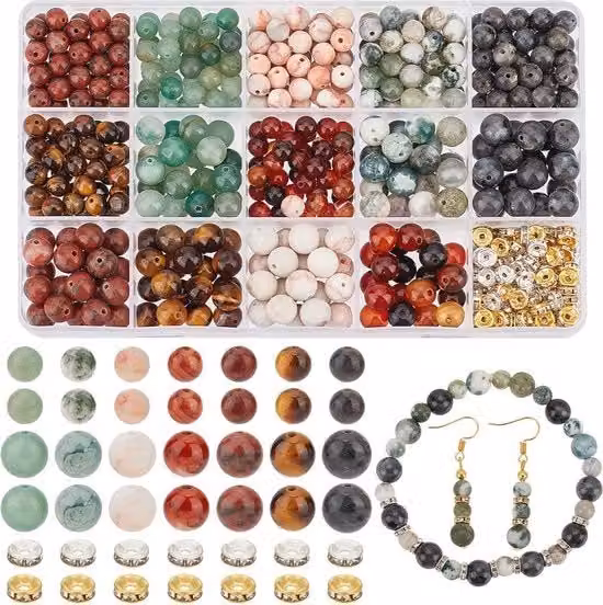 Set di 520 pezzi di perle naturali per gioielleria - 14 stili di perle rotonde 6/8 mm e perle di alluminio a distanza