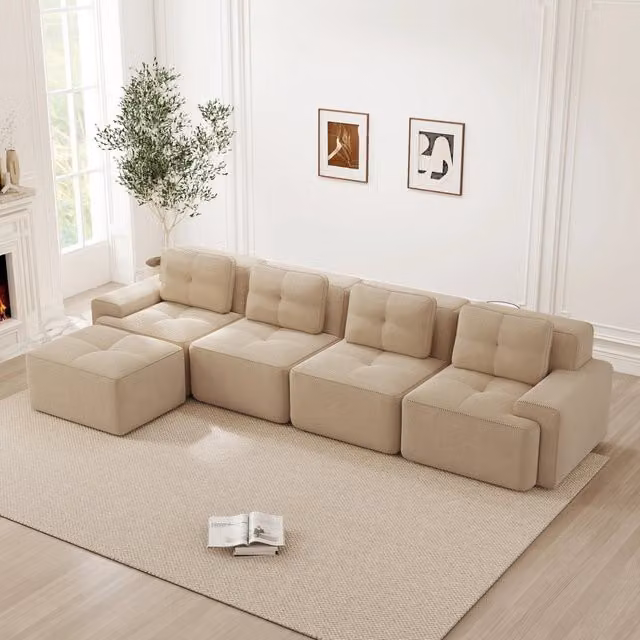 Divano modulare con chaise longue a L seduta profonda schienale curvo base antiscivolo in corduroy beige per salotto