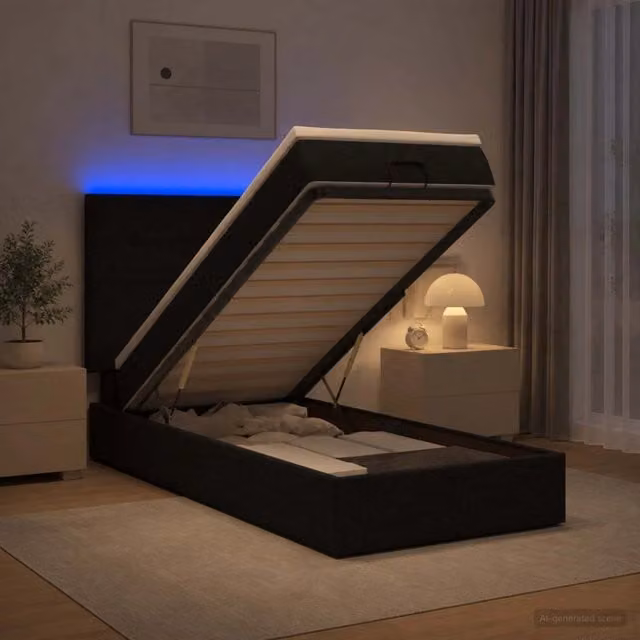 Letto Ottomano con Materasso Ibrido vidaXL, Colore Nero e Bianco, con Illuminazione LED Sotto il Letto e Porte di Ricarica USB, L/P/H: 190 x 90 x 88 cm – 1