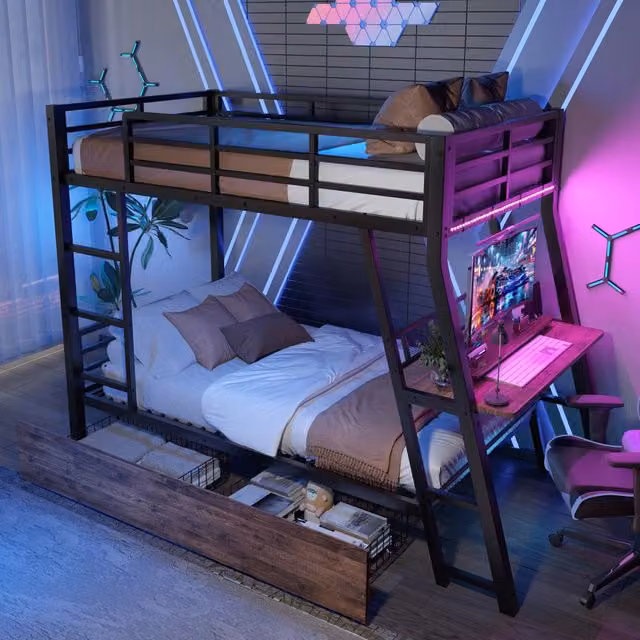 Letto a soppalco singolo 90 × 200 cm con scrivania, 2 cassetti e illuminazione LED, senza materasso, metallo nero