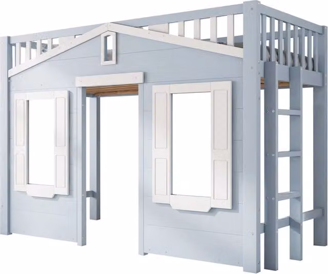 Letto a soppalco per bambini 90x200 cm in pino e MDF; scala reversibile; blu e bianco; per cameretta