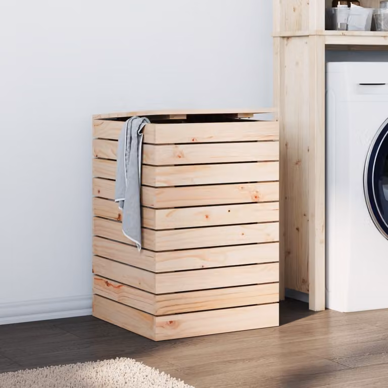 vidaXL Cesto per Bucato in Legno di Pino Marrone con Coperchio L/P/H: 44 x 44 x 66 cm