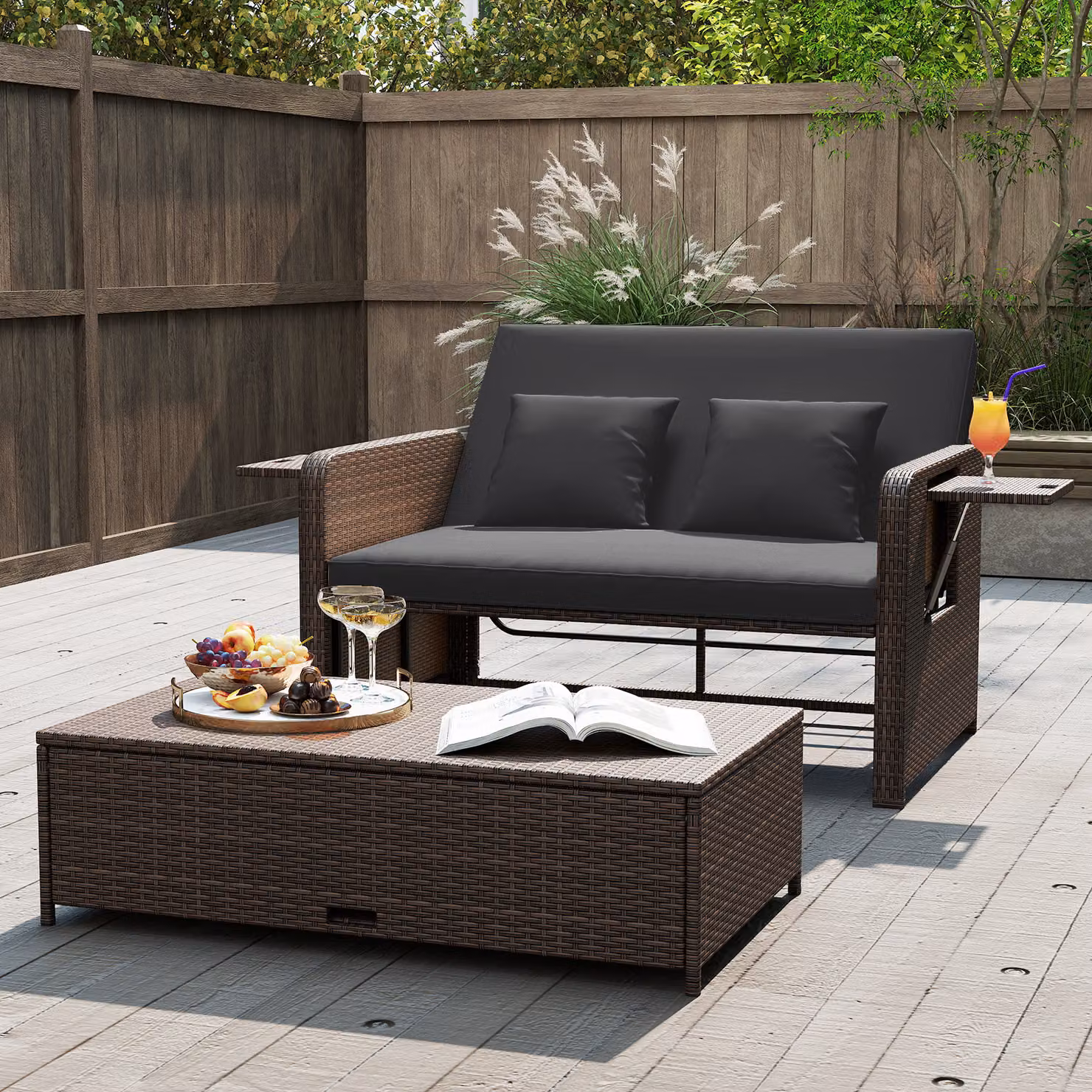 Set di 2 pezzi Costway divano letto in rattan per giardino e patio con schienale regolabile e pouf coordinato, colore nero