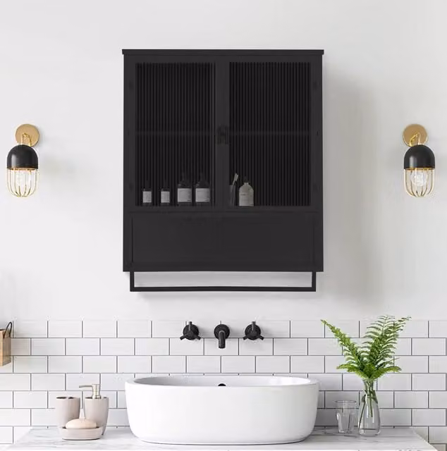 Armadietto da parete nero 60 cm con ante in vetro, ripiano aperto e portasciugamani