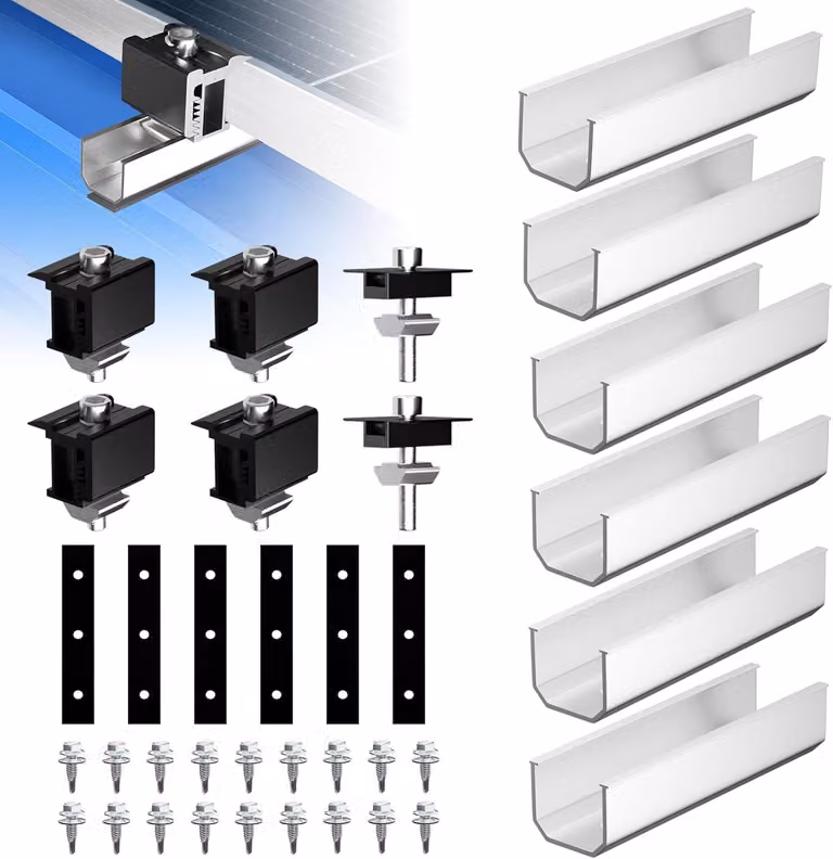 Supporto per moduli solari per 2 moduli – Sistema di montaggio fotovoltaico con guida in alluminio da 12 cm e morsetti neri per 30-40 mm, tetto piano e lamiera grecata