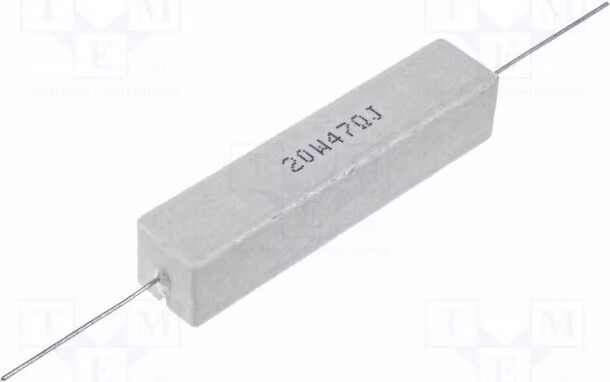 2 resistenze: resistenze a filo, 20W, montaggio su circuito stampato, 220Ω, tolleranza 5%, modello CRL20W-220R; resistenze 20W, tipo cementizio