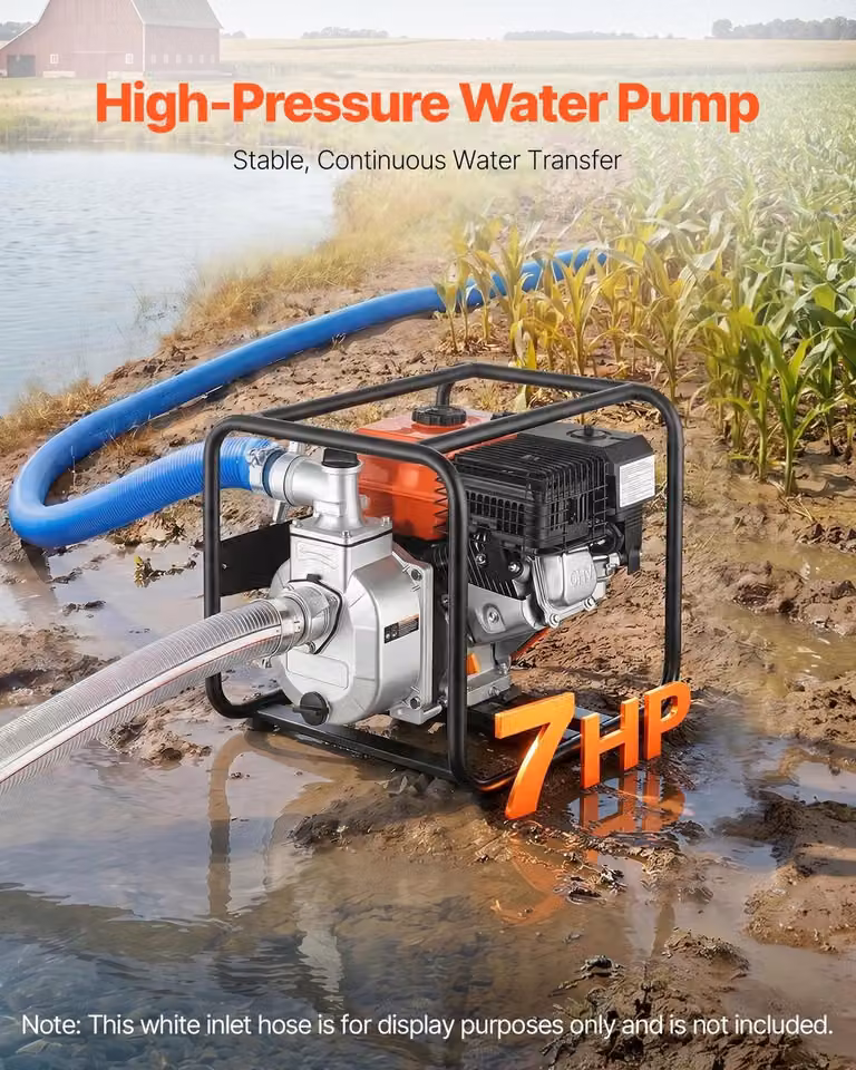 Pompa per acqua a benzina, diametro 50,8 mm, portata 158 GPM, pompa portatile per il trasferimento di acqua (anche leggermente sporca), motore a benzina da 7 HP, con tubo di scarico da 7,62 metri, telaio robusto, girante in ghisa, ideale per irrigazione e