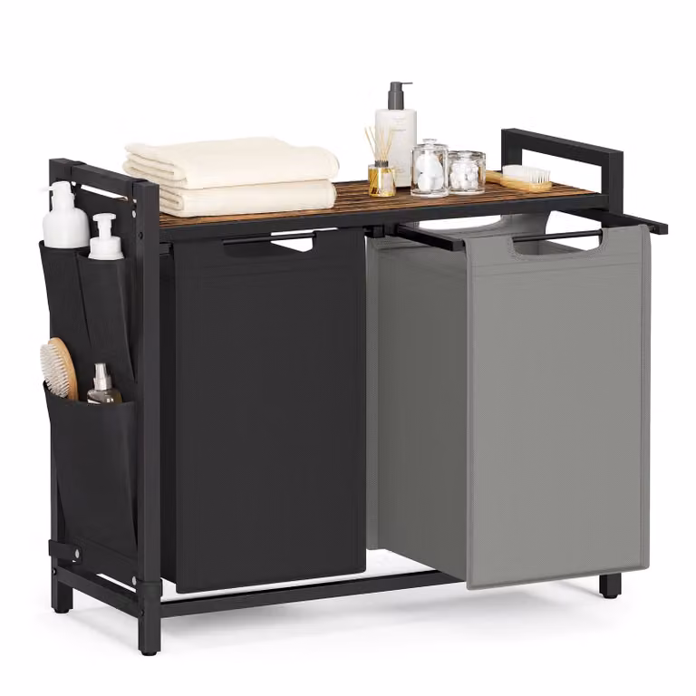 Cesto Portabiancheria con Piano Portaoggetti e Sacco Rimovibile, Nero Inchiostro + Grigio Tortora + Marrone Vintage / 2 x 46 L