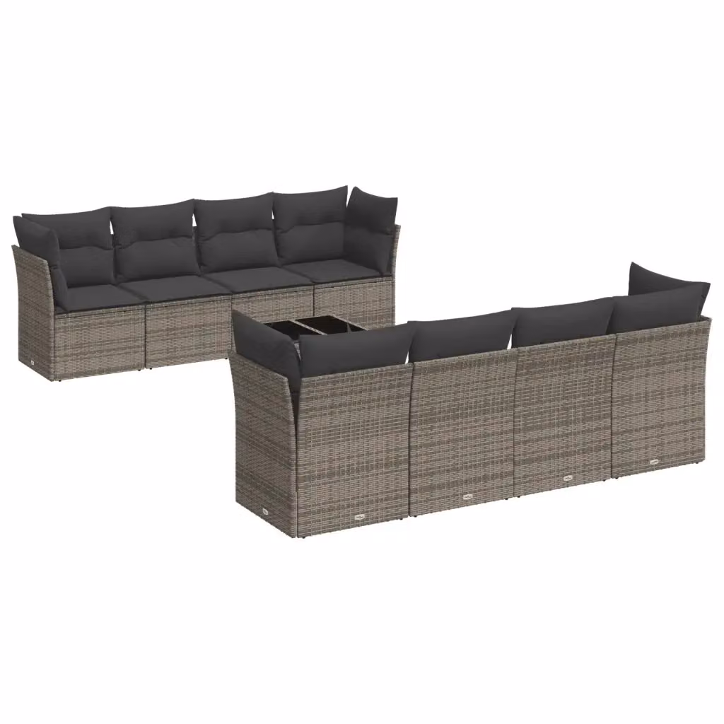 vidaXL Set Divano da Giardino 9 pz a L con Cuscini Grigio in Polyrattan e Tavolino da Caffè – 2