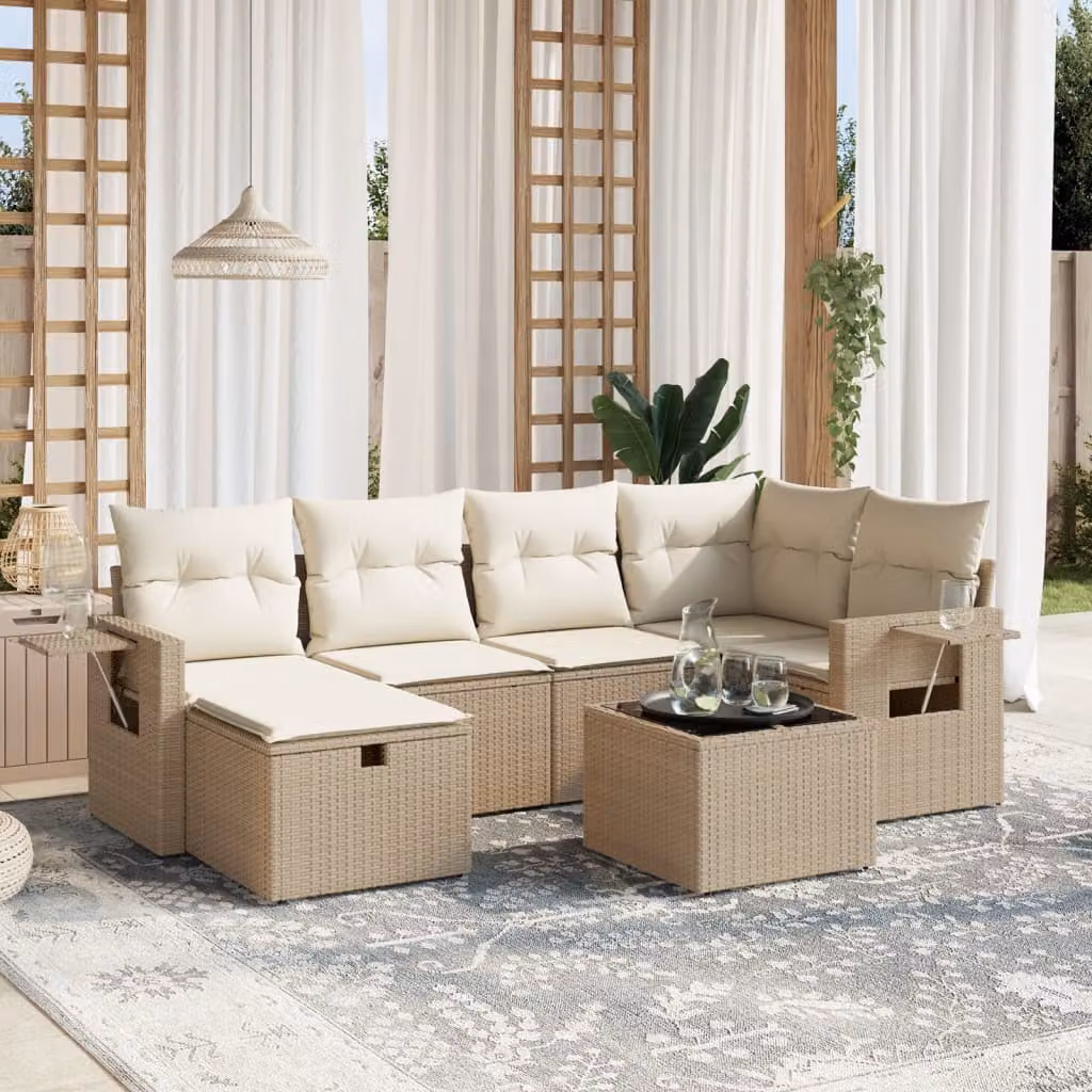Set Divani da Giardino vidaXL 7 pz con Cuscini Beige e Tavolino in Polyrattan e Metallo