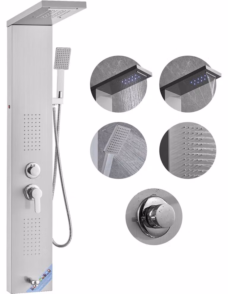 Colonna doccia LED 5-in-1 – Pannello doccia con effetto cascata e doccia a pioggia, colonna doccia in acciaio inossidabile con getti massaggio – Argento