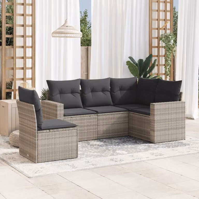 vidaXL Set Divano da Giardino a L 5pz in Polyrattan Grigio con Cuscini Imbottiti e Coperture Rimosse