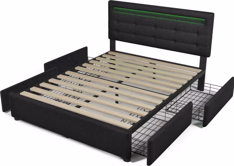 Struttura letto con illuminazione LED e 4 cassetti, letto matrimoniale imbottito 140x200cm, testata regolabile in altezza, rete a doghe in legno, (senza materasso)