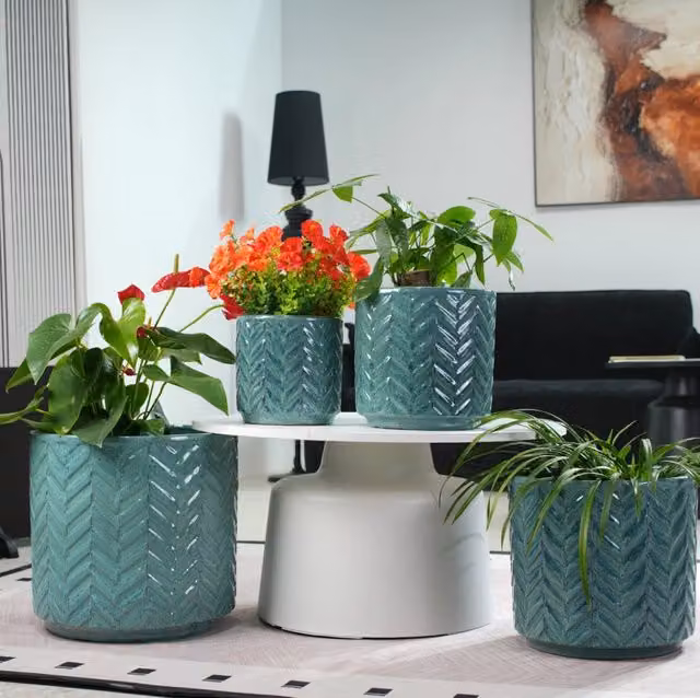 Set di 4 Vasi in Ceramica Artigianali Ø38/31,5/24,5/20 cm, Smalto Lucido Aqua Blu con Rilievo Pesce a Spina, Fori di Drenaggio, Resistenti al Gelo per Balcone e Giardino