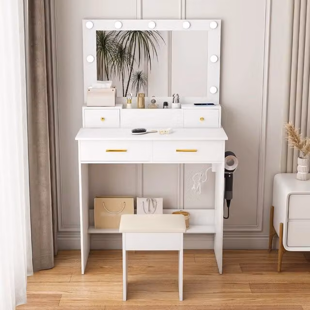 Scrivania Toeletta Minimal con Specchio LED e 4 Cassetti Bianco Lucido L 80 cm, P 40 cm, H 137 cm